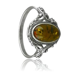Designer Inspirations Boutique Vintage Oval Baltic Amber Sterling Silver Ring in Ornate Victorian Setting for Women Ladies Girls - Honey Orange Cognac Amber Jewellery - Size R