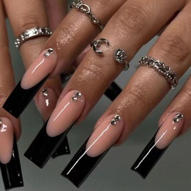 Black French Tip Press on Nails Long Coffin Fake Nails with Rhinestones Design Acrylic Nails Press ons Full Cover False Nails with Glue for Women Daily Wear Simple 24Pcs