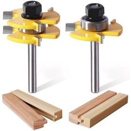 Tongue and Groove Router Bit Set of 2 count, 1/4 Inch Shank, 3 Teeth Adjustable T Shape Wood Milling , 1/2Inch  Depth,3/4Inch Stock,Woodworking Tools - Color: 1/4 inch shank