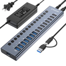 WEEAEEW Powered USB 3.2 Hub, 16 Port USB Hub with 10Gbps Data Speed, 8 USB-A & 8 USB-C Ports, 96W Power Adapter for PC, Laptop, Printer, Camera