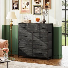 WLIVE WLIVE 9-Drawer Dresser, Fabric Storage Tower for Bedroom, Entryway, Closet, Tall Chest Organizer Unit with Fabric Bins, Steel Frame, Wood Top, Easy Pull Handle, Charcoal Black Wood Grain Print