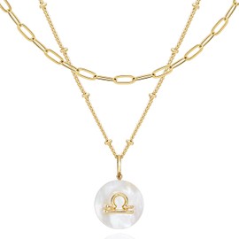 Zodiac Gold Sign on White Pearl & Shell Necklace - 2 Layered & Separate Chain with Dainty Disc Shell Pendant, Featuring 12 Constellations, Perfect Jewelry for Birthday Gifts