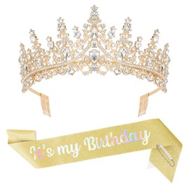 BAHABY It's My Birthday Sash & Rhinestone Tiara Set Princess Birthday Sash and Tiara for Women Birthday Decorations Rhinestone Headband for Women Girls (Gold)