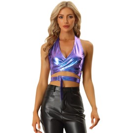 Allegra K Metallic Halter Neck Top for Women's Deep V Neck Backless Holographic Crop Tops X-Small Blue Purple