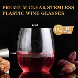 FOCUSLINE FOCUSLINE 32 Pack Plastic Wine Glasses Stemless, 12 Oz Crystal Clear Disposable Wine Cups, Reusable Plastic Wine Glasses for Parties Weddings, Shatterproof Recyclable and BPA-Free