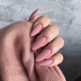 Matte Pink Press on Nails Medium Stiletto Almond,KQueenest Acrylic Nails Reusable Fake Nails Press ons with Feature Protective Coating for Women in 24PCS