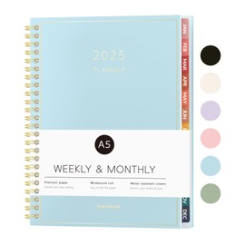 Forvencer Planner 2025, Weekly and Monthly Calendar Planner (January 2025 - December 2025), 6" x 8", Spiral Agenda Planner Book with Tabs, Daily Organizer for School Office Home, A5, Sky Blue