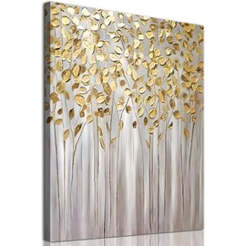 Gold Leaf Picture Abstract Gold Painting Grey and Gold Canvas Wall Art Gold Tree Artwork Modern Textured Wall Art Gold and White Artwork Abstract Leaves Canvas Wall Art for Living Room 16x24in Unframed
