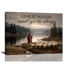 Jesus with Lamb Wall Art Jesus and Lamb Wall Decor Pictures Religious Christian Canvas Prints Painting God Faith Artwork Give it to God and Go to Sleep Decoration for Bedroom Framed Gifts 12"x16"