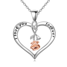 VONALA Rose Flower Necklace 925 Sterling Silver Rose Heart Pendant Necklace Heart Necklace Birthday Anniversary Jewelry Gifts for Women Wife Girls Mom