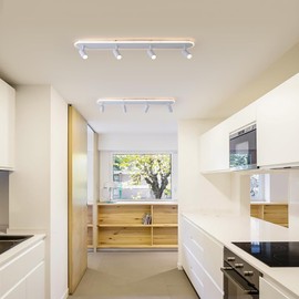 Jaycomey Modern LED Ceiling Light with 4 Spotlights, Dimmable 58W Linear Ceiling Lamp Fixture with Remote, 43.3in Upgraded Flush Mount Ceiling Chandelier Lighting for Bedroom Closet Hallway (White)