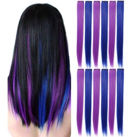YaFex 12 Pcs Clip in Hair Extensions, 22 Inch Colored Hair Extensions Party Highlights Long Straight Synthetic Hairpieces for Women (Purple + Sapphire Blue)