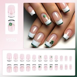 St. Patrick's Day Press on Nails Short Square Fake Nails with White Green Gold French Designs Nude Nails Press ons Glossy Glue on Nails Full Cover False Nails Spring Stick on Nails for Women 24Pcs