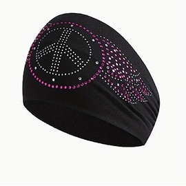 Headband Head Wrap Bandanna Peace Sign Wings Purple Silver with Rhinestones Bling 4 Way Stretch Sweatband Headwrap Black