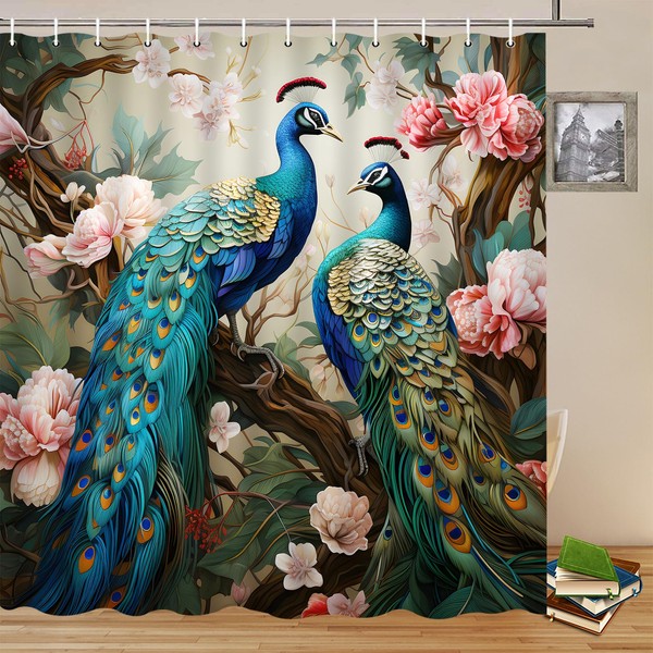 Peacock Shower Curtains Blue Beautiful Bird Pink Flower Two Peacocks