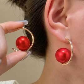 Inlibran Boho Exaggerate Pearl Hoop Earrings Red Bead Dangle Vintage Circle Drop Large Beaded Statement Jewelry for Women