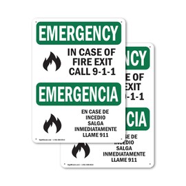 (2 Pack) In Case Of Fire Exit Call 9-1-1 Bilingual OSHA Emergency Sign 12 Inch X 18 Inch Plastic Sign, Weather Resistant, UV Protected for Workplace, Business, and Construction Site, Made in the USA