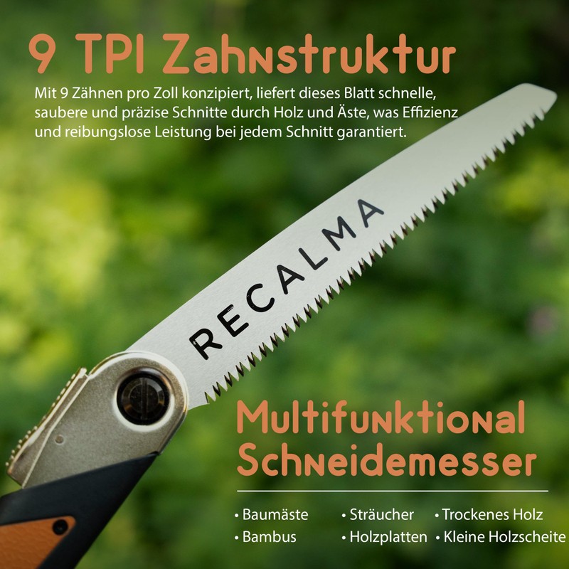 Recalma Handsäge Astsäge Klappbar, gehärtetes SK5 Sägeblatt 210 mm, Klappsäge