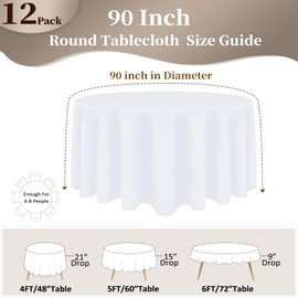 12 Pack White Round Tablecloth 90 Inch Round Table Cloth, Wrinkle Resistant and Washable Tablecloth Polyester Fabric Table Cloth Round Table Cover for Dining Wedding Banquet Party