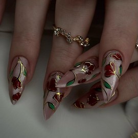 Almond Press on Nails Medium Length Fake Nails Pink Glitter Acrylic Nails Glossy Stick on Nails Full Cover Red Rose Artificial Nails Flower False Nails for Women Girls Art Manicure Decor 24pcs