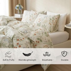 EAVD Vintage Garden Floral Comforter Set Queen White Soft Microfiber Bedding Set Chic Fresh Floral Leaves Aesthetic Bedding Set with 2 Pillowcases Reversible Botanical Comforter Set