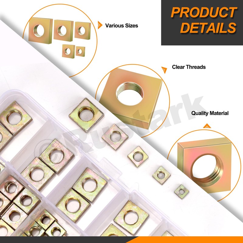 Rustark 90Pcs M3 M4 M5 M6 M8 Square Nuts Assortment