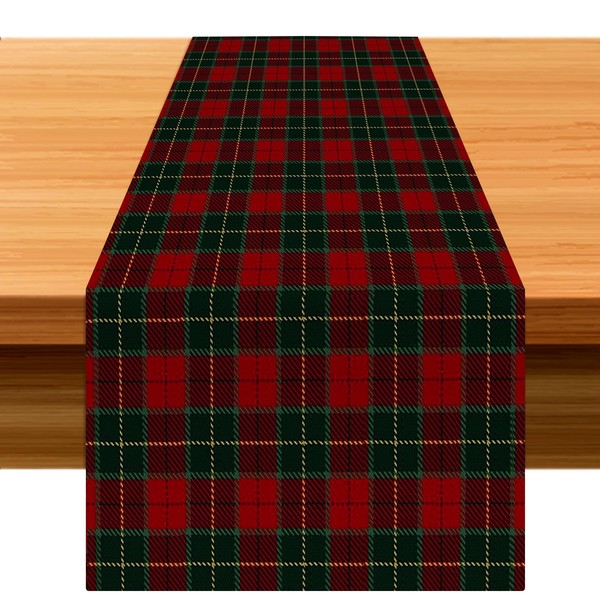 Fycyko Plaid Table Runner 33x275cm Scottish Tartan Motif Linen Table Runners Farmhouse Tabletop Cover Seasonal Kitchen Dining Table Decoration for Home Party Decor Wedding Thanksgiving Christmas