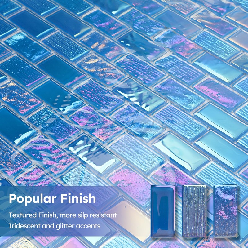 Diflart Glass Mosaic Tiles, Iridescent Blue, 1x2 Inch Brick, Glass