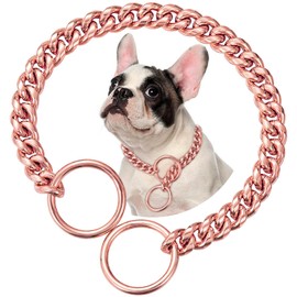 Rosegold Chain Dog Collar,Dog P Chains,10mm Wide Solid Cuban Link Chains Stainless Steel Metal Links Walking Slip Training Collar for Small Medium Dogs Cats（22inch，Rosegold）
