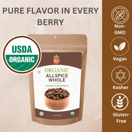 SPICY ORGANIC Pure Organic Allspice Berries Whole 8 oz. – Certified USDA Organic - Premium Pimento Seeds and Peppers for Baked Goods, Pickles, Marinades, Stews, and Sauces.