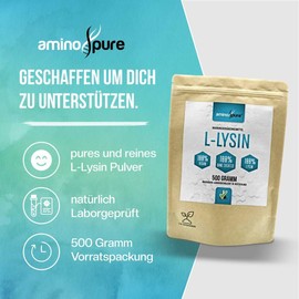aminopure® | Lysin Pulver pur | reines L-Lysin ohne Zusatzstoffe | 250 Portionen (2 Gramm pro Tag) | 100% vegan und schadstoffgeprüft im Labor mit Zertifikat | 500 Gramm