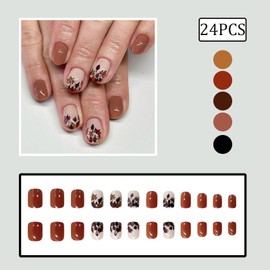 24Pcs Fall Press on Nails Short Square Fake Nails Brown Maple leaf French Tips Acrylic Full Cover Nails Press on Glue on Nails Artificial Nails for Women Girls Thanksgiving Glue on Nails Decoration