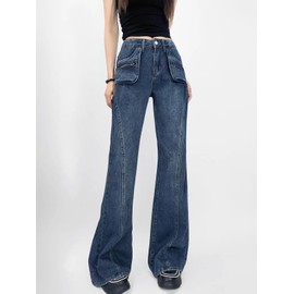 EMMIOL Women Baggy Bell Bottom Jeans Y2K, Trendy Flare Jeans Mid-Low Rise, Bootcut Flared Wide Leg Stretchy Loose Denim Pants,Blue