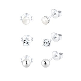 Elli Women's Earrings Set Basic Minimal with Freshwater Pearls and Crystals in 925 Sterling Silver, Sterling Silver, Crystal