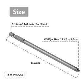 Mesee 10pcs PH2 Magnetic Phillips Screw Screwdriver Bits Set 1/4 Inch Hex Shank Long Cross Head Driver Drill Bits Electric Screwdriver Set 150mm-5.9 Inch Length