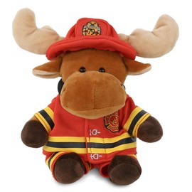 DolliBu Sitting Moose Firefighter Stuffed Animal with Name Personalization - Super Soft Moose with Red Fireman Costume Outfit and Fireman Hat, Cute Fire Fighter Doll Plush Toy for Kids - 6 Inch