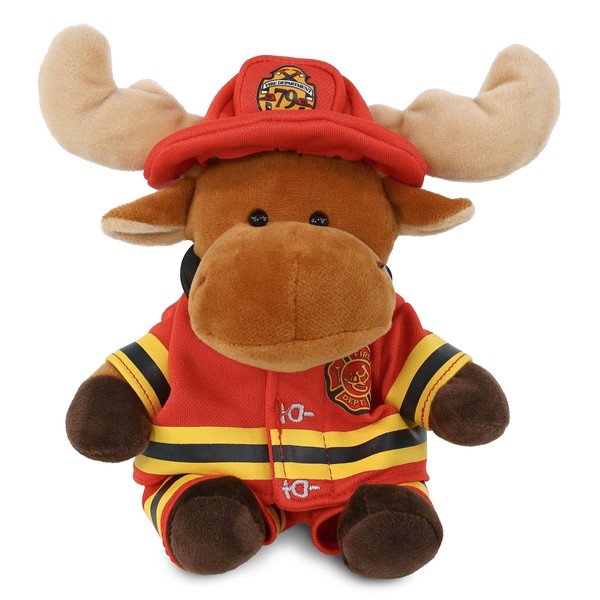 DolliBu Sitting Moose Firefighter Stuffed Animal with Name Personalization -