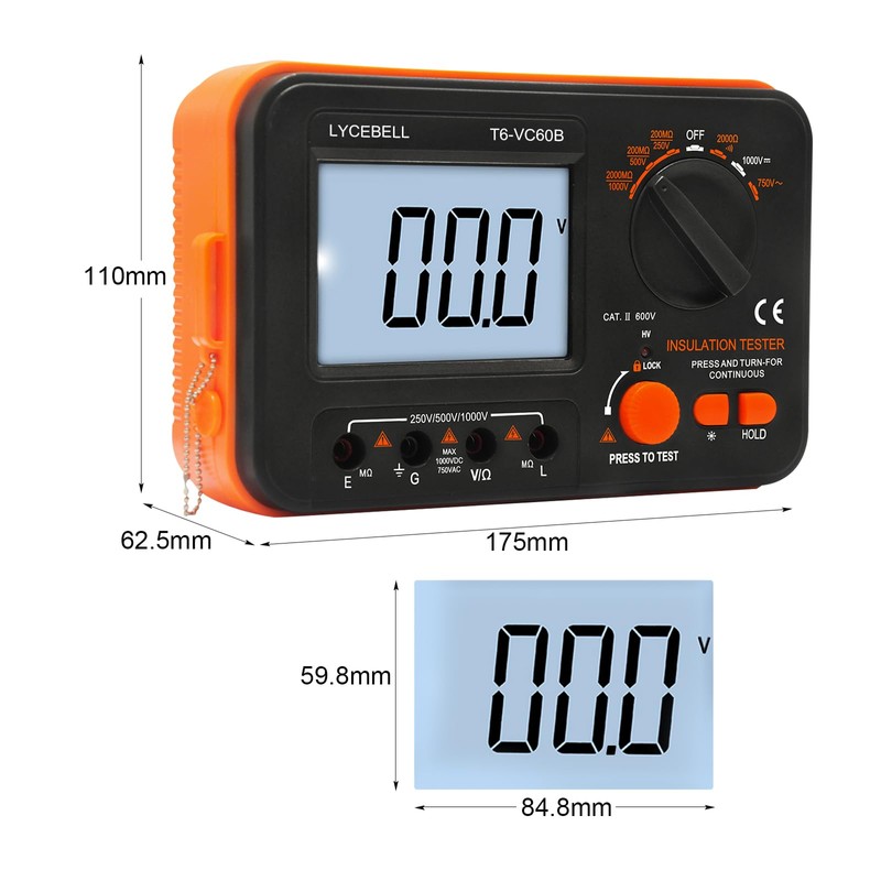 LYCEBELL Digital Insulation Resistance Tester LC-VC60B Megohmmeter 0.1~200 MΩ Insulation