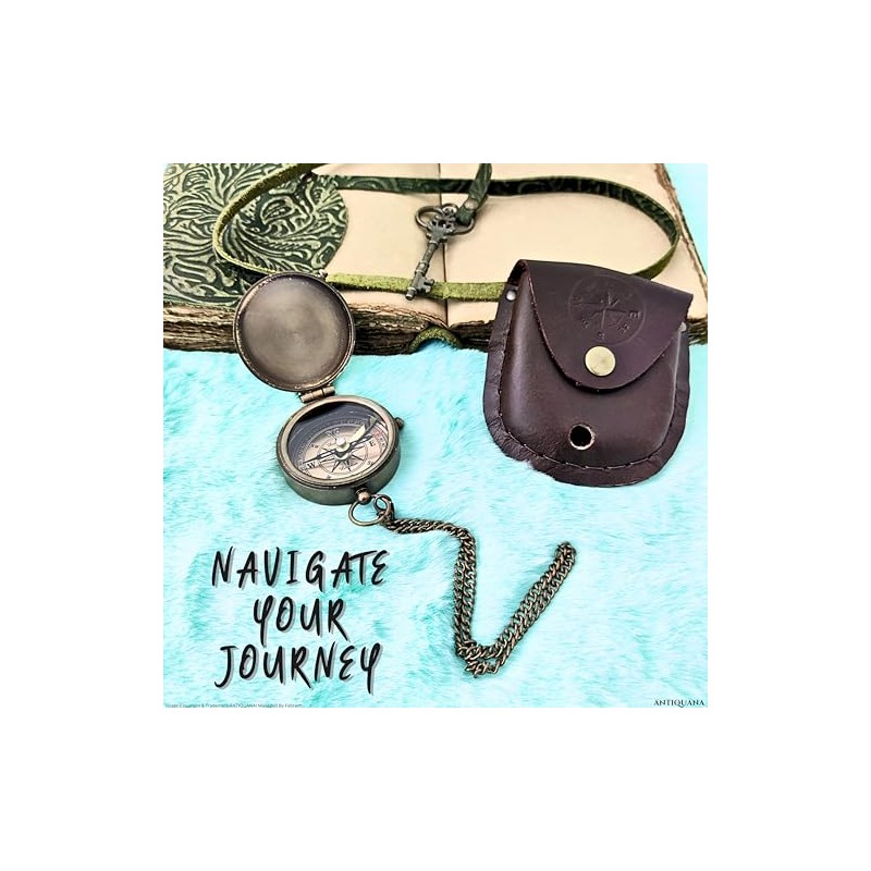 ANTIQUANA Brass Compass Unique Print 'Not All Those Who Wander