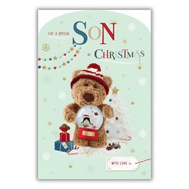 Son Christmas Card - Special Son - Barley Teddy Bear and Snowglobe - Artistic Festive Design - Special Finishes and Illustrated Insert Leaf - Made in the UK