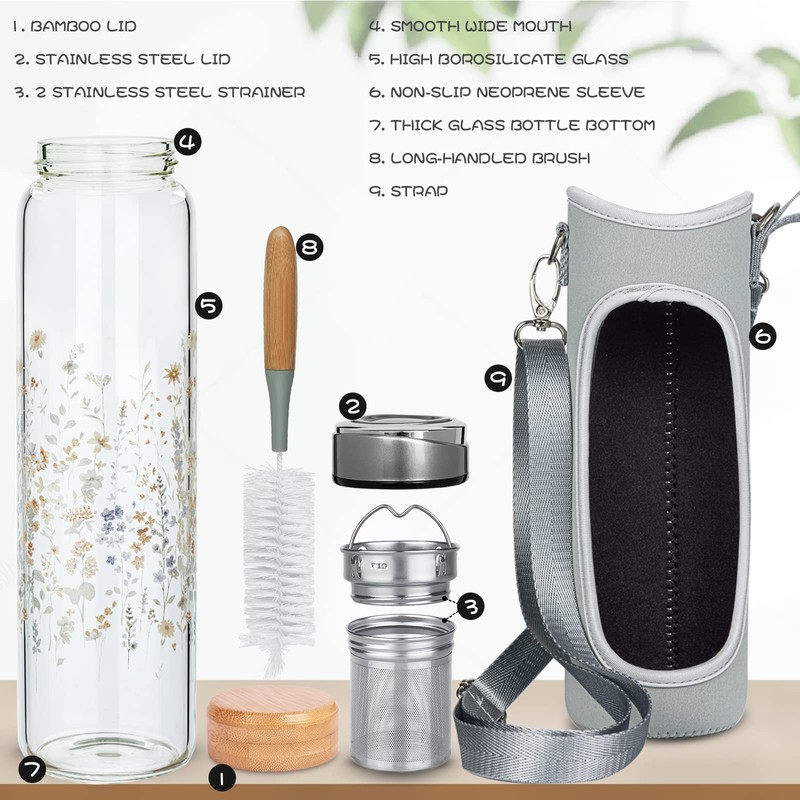 Reeho 32oz Borosilicate Glass Water Bottle with Tea Infuser &