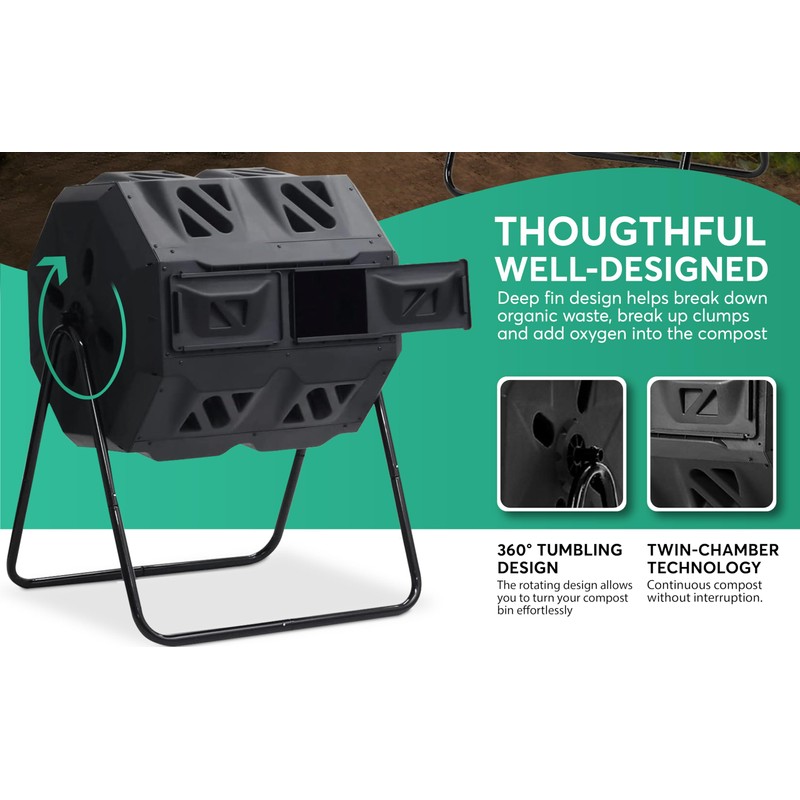 TerraTurner Outdoor Tumbling Composter Dual Rotating Batch Compost Bin, 43