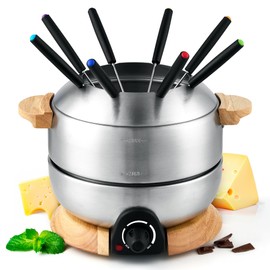 Sanenchue Fondue Pot, 6-Cup Electric Fondue Pot Set for Cheese & Chocolate, 8 Color-Coded Forks, Temperature Control, Stainless Steel Pot Set, Solid Wood Base and Handle, FD-24
