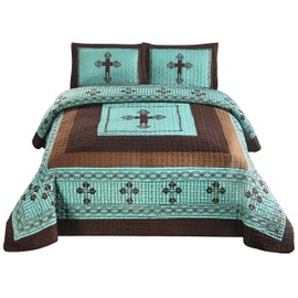 Western Peak 3 Pc Western Texas Cross Lodge Barbed Wire Quilt Bedspread Oversize Comforter (Turquoise, Queen)