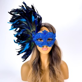 Venetian Feather Masquerade Mask Mardi Gras Burlesque Masks for Women Costume Feather Masks Venetian Cospaly Masks (Blue)