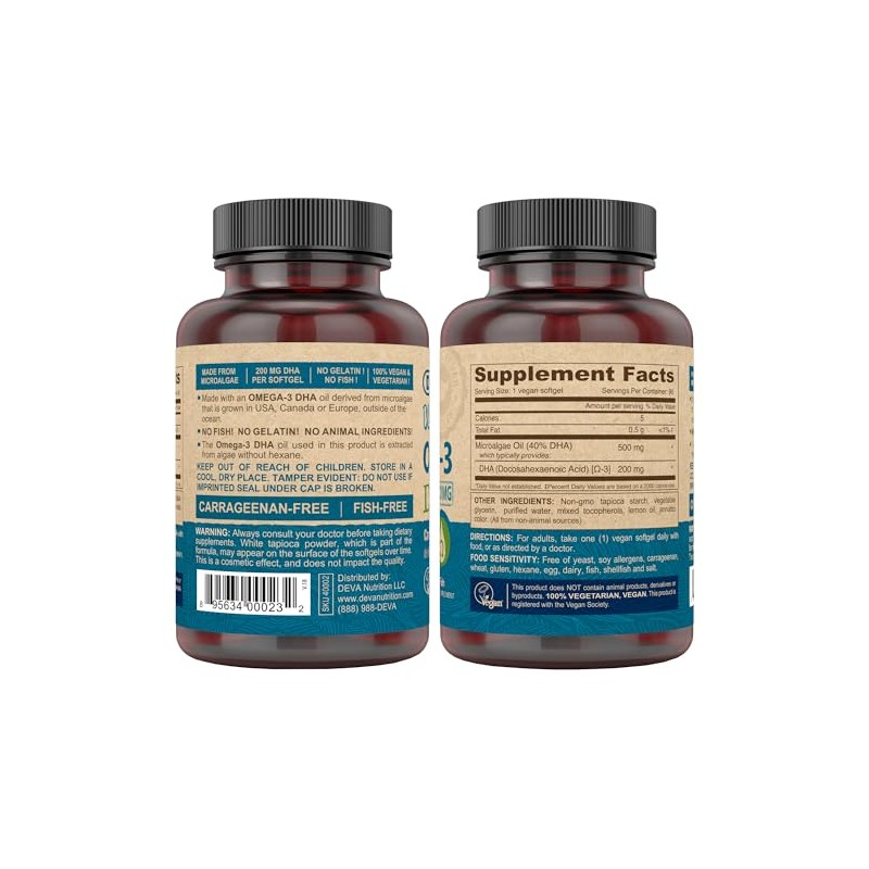 DEVA Vegan Vitamins Vegan DHA (Algae) 200mg Vegan Softgels, 90-Count