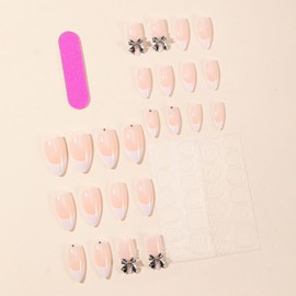 Press on Nails Medium Almond False Nails White French Tip Fake Nails Silver Bow Tie Pearl Glue on Nails Artificial Acrylic Nails 24Pcs Full Cover Reusable Coffin Nails Stick on Nails for Women