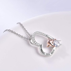 YFN Rose Gold Pig Necklace Sterling Silver Love You More Heart Necklace Piggy Gifts for Women, Sterling Silver, Cubic Zirconia