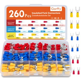 Gorffy Fork Cable Lugs, Ring Terminals, 260 Pieces Cable Lugs, 0.5-6.0 mm² Crimp Connectors, Cable Lugs Set, Insulated Electrical Crimp Connectors