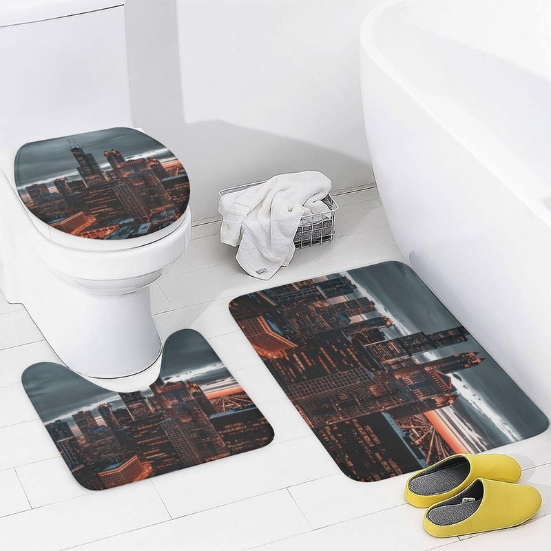 HDESDIS 4Pcs Modern Skyscraper Night Shower Curtain Sets, 4pcs Chicago